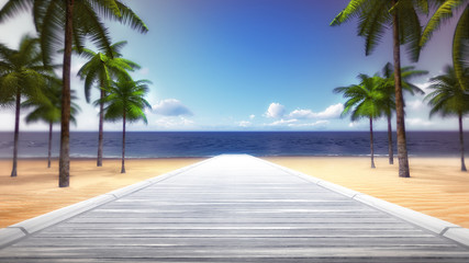 Fototapeta na wymiar tropical palm beach with empty wooden bridge