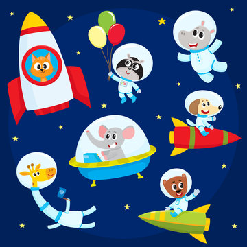Cute little animal astronauts, spacemen flying in rocket, space suits, ufo, cartoon vector illustration isolated on a white background. Little baby animal astronauts, spacemen flying in open space