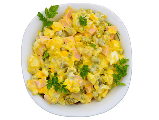 Russian traditional salad olivier isolated on white background