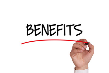 Hand writing BENEFITS with Black Marker on Transparent Wipe Board