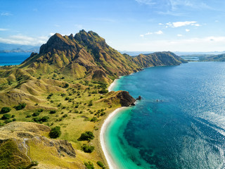 Aerial view of the northern part of Pulau Padar island in between Komodo and Rinca Islands near Labuan Bajo in Indonesia.