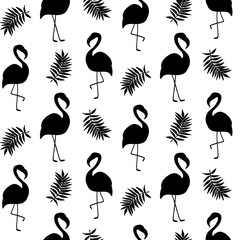 Beautiful seamless pattern with black flamingo silhouette, isolated on white