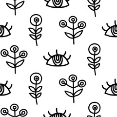 Vector hand drawn eyes and scandinavian plants simple doodles seamless pattern
