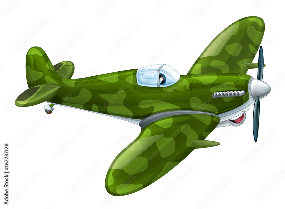 Wall mural cartoon traditional military plane with propeller flying and smiling