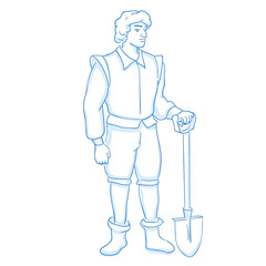 Medieval peasant with spade. Gardener. Line sketch. Stock vector. Historical illustration.
