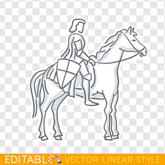 Fototapeta na wymiar Medieval knight on horseback icon. Editable line sketch. Stock vector. Historical illustration.