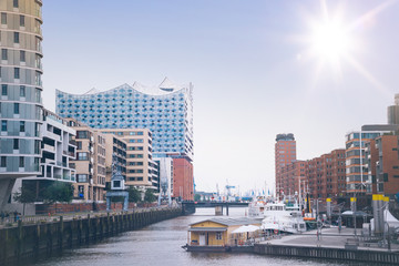 modern buildings on waterfront in Hafencity district of Hamburg, Germany