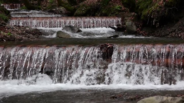 Forest stream mountain river running cascades over rocks. Slow motion