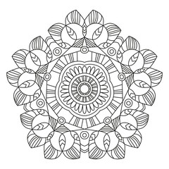 Mandala Ornament. Round Element For Coloring Book or Decoration. Black Lines on White Background. 