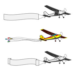 
Three kinds of vintage, small aircraft. One in color.Banner on the tail
A small plane for a wedding. The banks hang on the ropes.