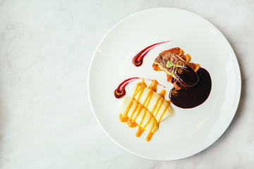 Foie gras and duck meat with sweet sauce © siraphol