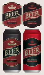 Two vector beer labels in retro style on black and red background. Templates labels for dark beer on beer cans.