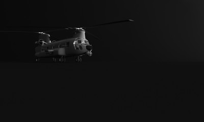 3D RENDERING OF TRANSPORT HELICOPTER ON BLACK PLAIN BACKGROUND
