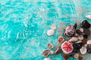 Obraz na płótnie Canvas Vacation concept with starfish ,seashells on blue water,summer holiday concept