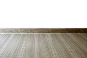 Empty room with oak wood laminate flooring and newly painted white wall in background