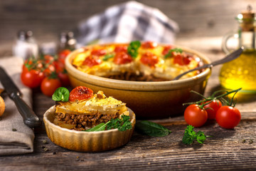 Moussaka - a traditional Balkan specialty with minced meat and potatoes
