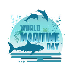 World maritime day vector concept poster. World oceans day creative illustration. Underwater style poster.