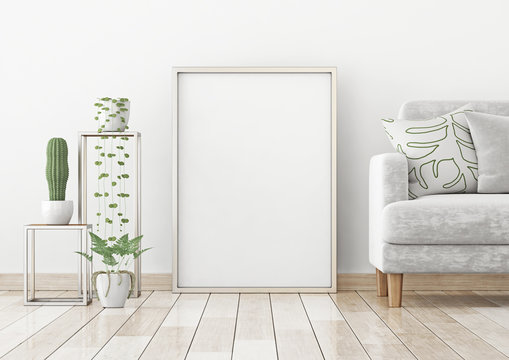 Interior poster mock up with two metal vertical frames on the wall in scandinavian style livingroom. 3d rendering.