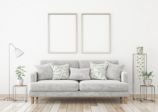 Interior poster mock up with two metal vertical frames on the wall in scandinavian style livingroom. 3d rendering.