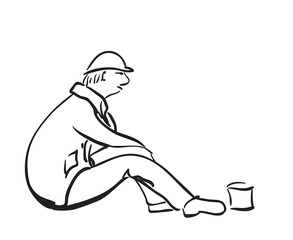 One man sitting in the street with small can for money.