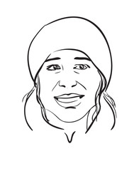 Face of one smiling woman. Sketch.