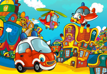 Obraz na płótnie Canvas Cartoon sports car smiling and looking in the parking lot / helicopter plane flying over - illustration for children