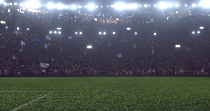 4k resolution footage of a dramatic soccer stadium. The stadium was made in 3d without using existing references. The crowd and light on the stadium are animated.