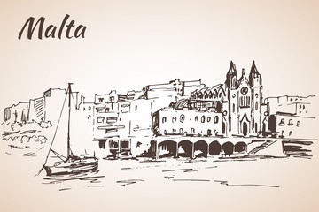 Malta island old buildings sketch.