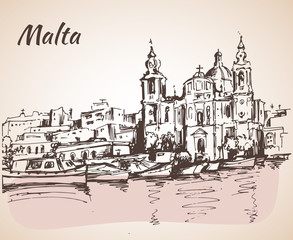 Malta island old buildings sketch.