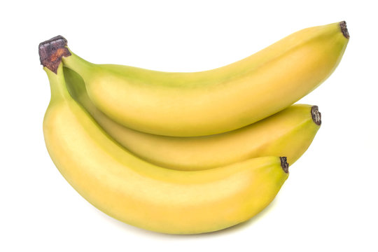 Three ripe yellow banana on white background