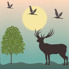 Landscape early morning deer fly shadoof deciduous tree art creative modern illustration vector
