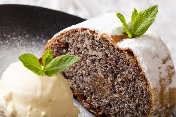 Strudel with poppy filling and ice cream macro. horizontal