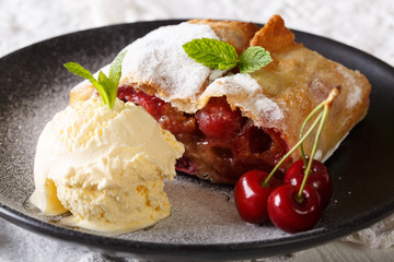 Juicy cherry strudel with vanilla ice cream and mint closeup. horizontal