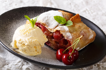 Austrian cuisine: cherry strudel with vanilla ice cream close-up on a plate. Horizontal