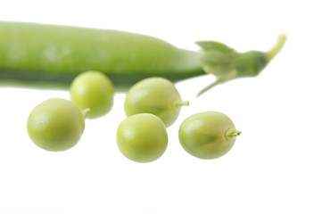 Sweet green peas isolated on white background.