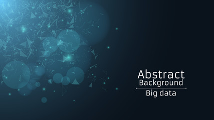 Abstract polygonal background from connected triangles and dots. Modern technologies in design. Luminous particles of blue in the dark. Side view