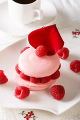 Delicious macaroon stuffed with raspberries and coffee close-up. Vertical