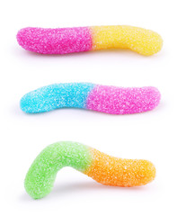 Tasty jelly worms on white background set