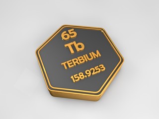 terbium - Tb - chemical element periodic table hexagonal shape 3d render