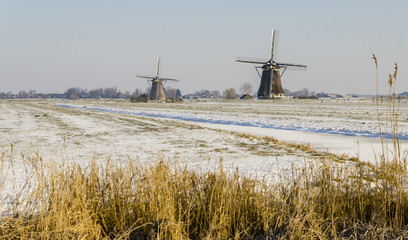 Two Dutch Mills in Winter