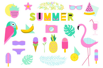 Set of cute trendy summer elements: food, drinks, palm leaves, fruits, flamingo, parrot and other. Vector elements for beach party. 