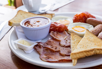 classical english breakfast with egg and ham