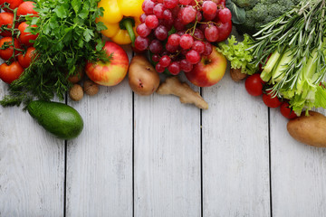 market fresh vegetable, garden produce on wood