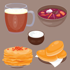 Traditional Russian cuisine culture dish course food welcome to Russia gourmet national meal vector illustration
