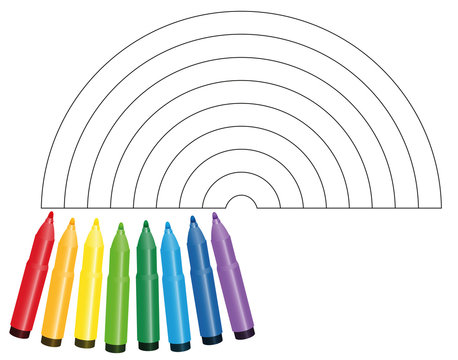 Coloring picture rainbow - with eight colorful markers that show which color to be used - isolated vector illustration on white background.