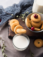 Rustic still life with milk and cookies. Summer breakfast