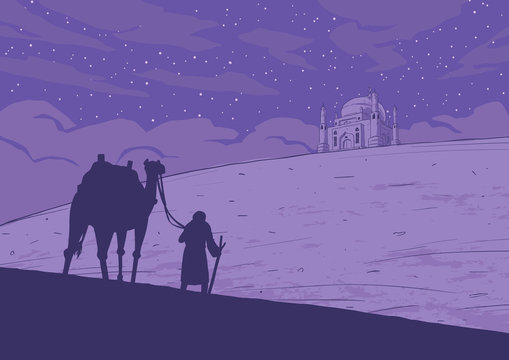 Man with camels and mosqe in the desert.  Vector illustration
