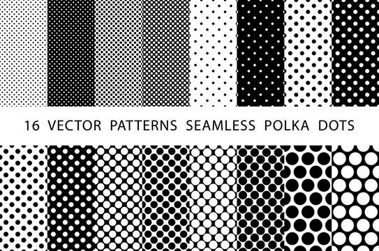 16  VECTOR  PATTERNS  SEAMLESS  POLKA  DOTS set Black and white