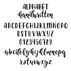 Handdrawn latin calligraphy brush script with numbers and symbols. Calligraphic alphabet. Vector