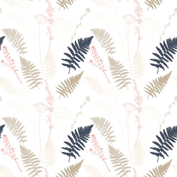 Vector floral seamless pattern with fern leaves, dill, chicory flowers and shepherd's purse plant .